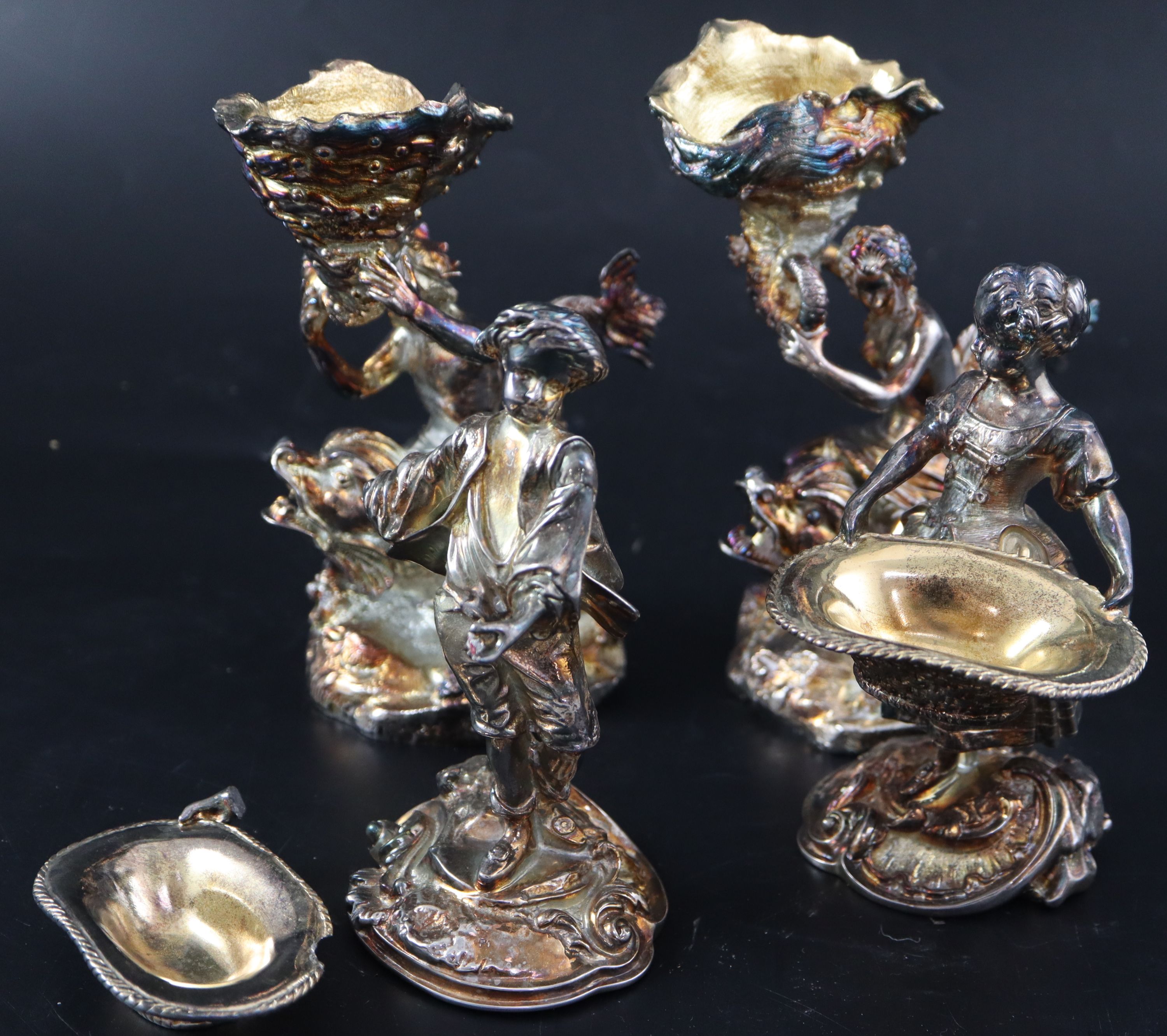 Two pairs of modern silver plated figural table salts, 17cm (one pair a.f.).